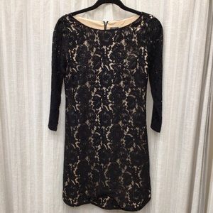 Vince Camuto, size 4, black lace dress with beige under slip